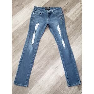 Thrill Light Washed Distressed Rhinestone Straight Leg Denim Blue Jeans